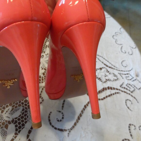 New Prada Hot Pink Calf Patent Leather Peep Toe Heeled Pumps Size 38.5B - Picture 12 of 16
